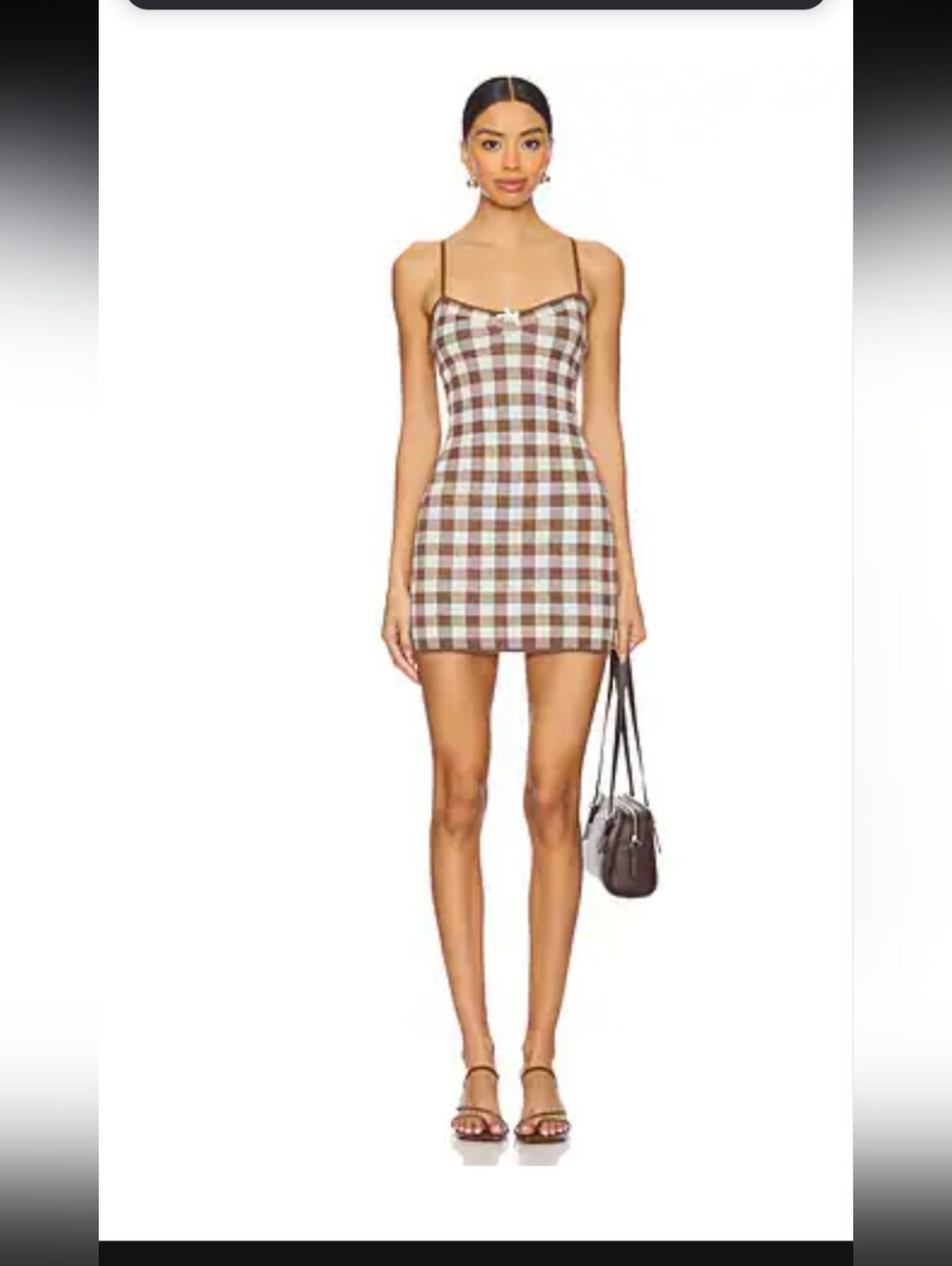 For Love & Lemons Brown and White Gingham Knit Spaghetti-Strap Mini Dress
